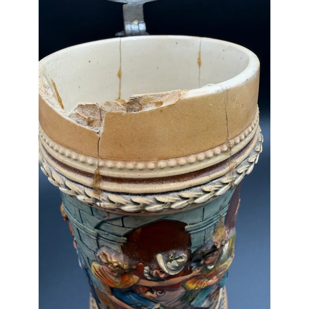 Antique German Beer Stein 0.5L Relief Scene Pewter Lid‎ Stoneware 531